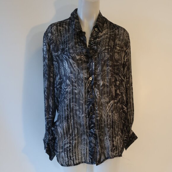 Women Escada Margaretha Ley Black White Silk Floral Vertical Line Blouse 38 US/M - Picture 1 of 10